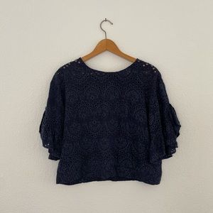 Olivaceous Heavy Lace Blouse with Ruffle Sleeves